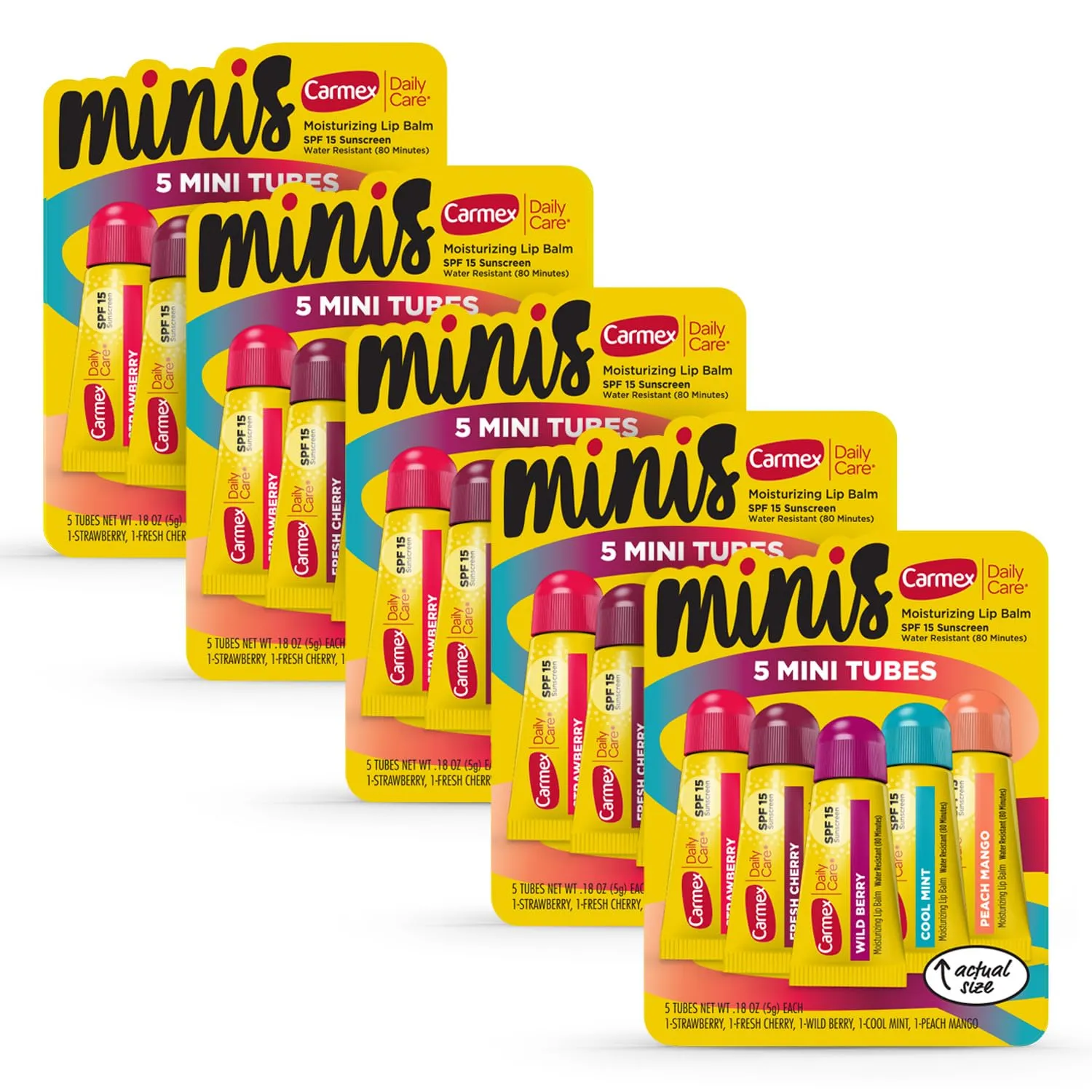 Carmex Daily Care Minis Moisturizing Lip Balm Tubes, SPF 15, Multi-Flavor Lip Balm Pack, 25 Count (5 Packs of 5)
