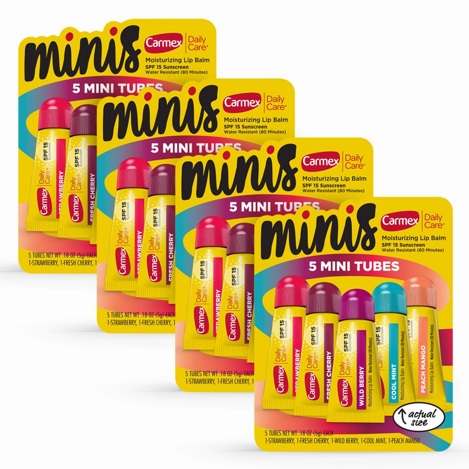 Carmex Daily Care Minis Moisturizing Lip Balm Tubes, SPF 15, Multi-Flavor Lip Balm Pack, 20 Count (4 Packs of 5)