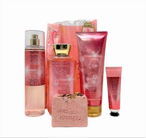 CHAMPAGNE TOAST Gift Bag Set - Includes Ultimate Hydration Body Cream, Fine Fragrance Mist, Shower Gel, Shea Butter Hand Cream and a 4 oz Marbela Artisan Bar Soap