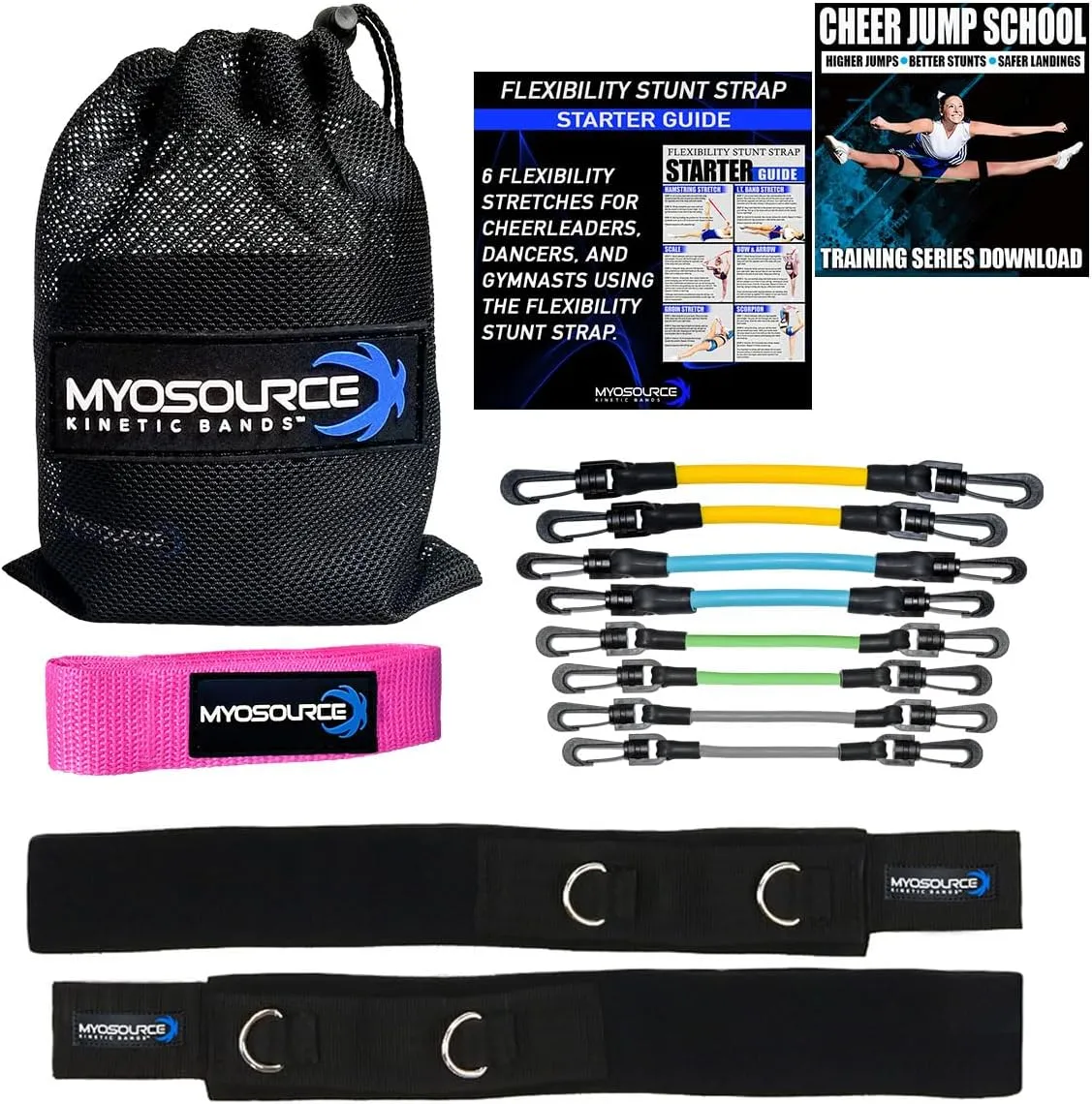 Cheer Kinetic Bands Cheerleader Flexibility and Strength Training | Improve Jumps, Stunts, Landings | 4-Level Leg Resistance Bands & 12 Stunt Strap Color Options, Digital Training Downloads