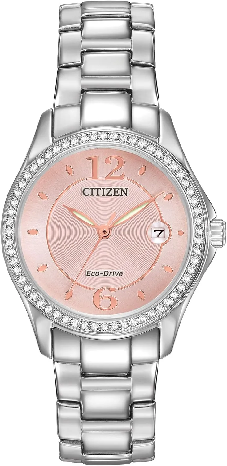 Citizen Women's Eco-Drive Dress Classic Crystal Watch in Stainless Steel, Pink Dial (Model: FE1140-86X)