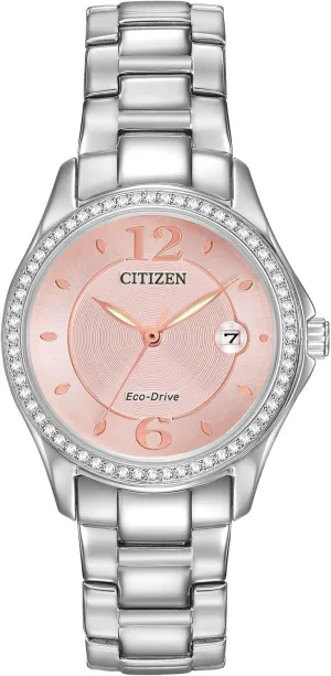 Citizen Women's Eco-Drive Dress Classic Crystal Watch in Stainless Steel, Pink Dial (Model: FE1140-86X)