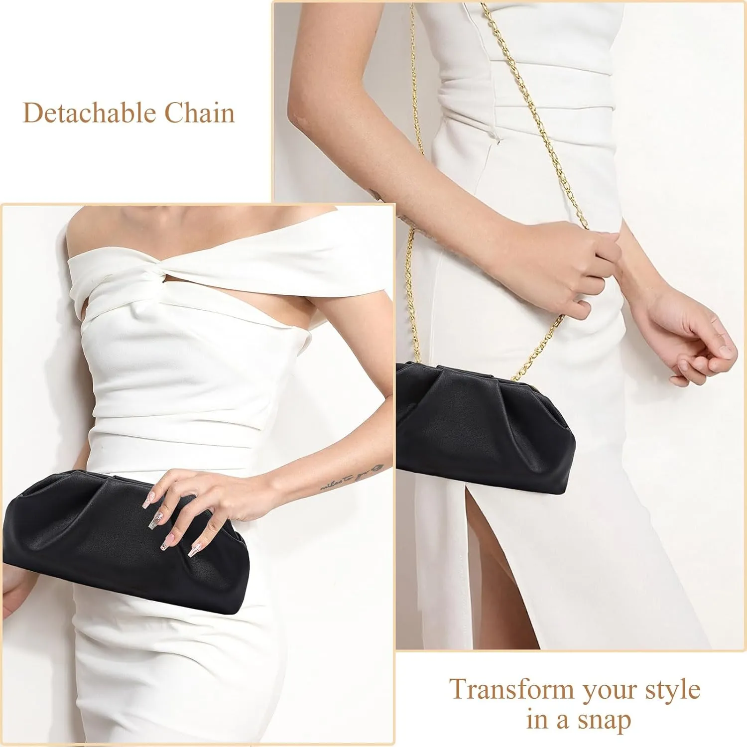 Clutch for Women, Vegan Leather Evening Purse, Soft Pleated PU Clutch Bag for Proms Parties