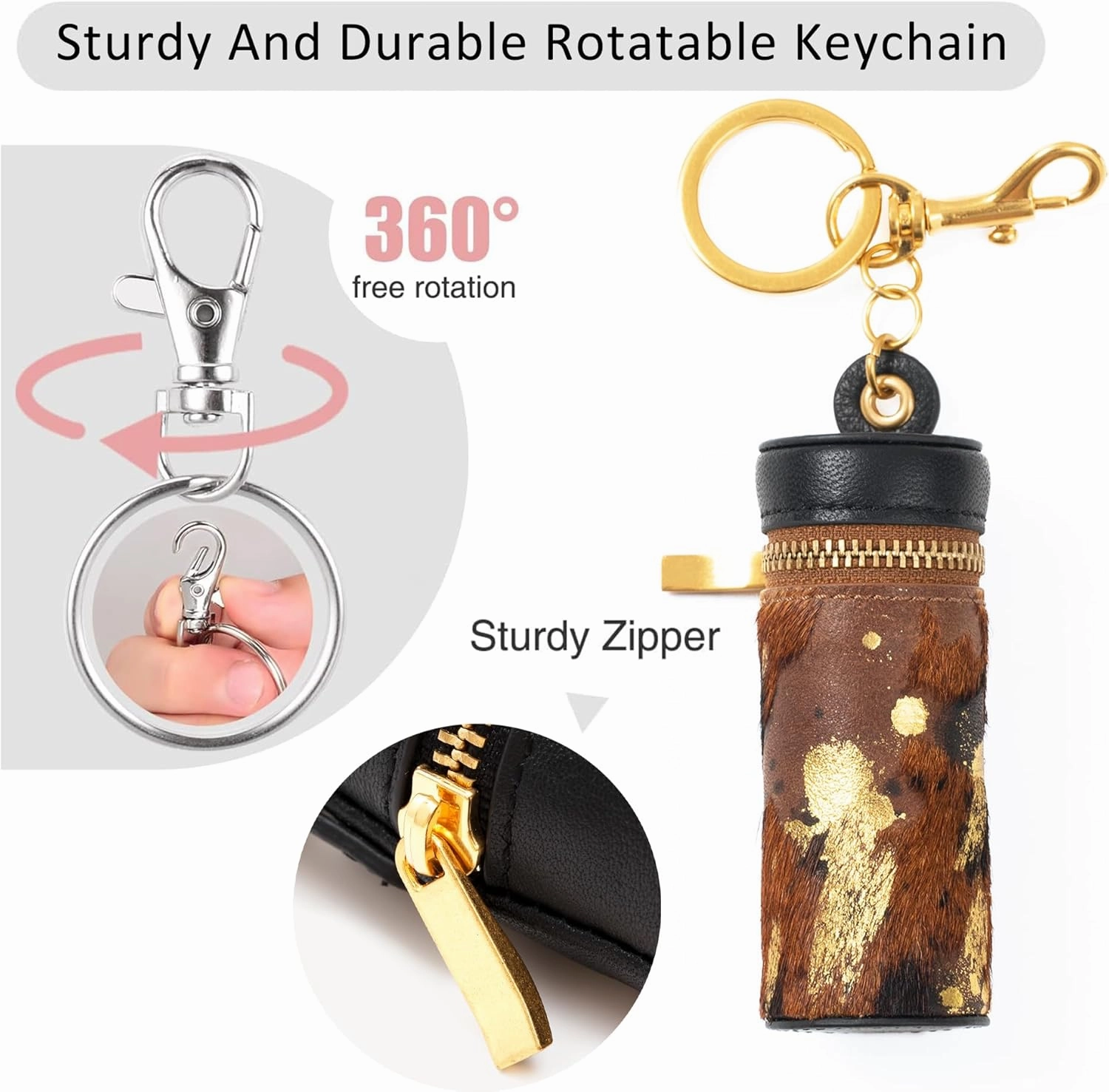 Cockatoo Nappa Leaeher Zipper Lipstick Case with Keyring Chapstick Holder Keychain