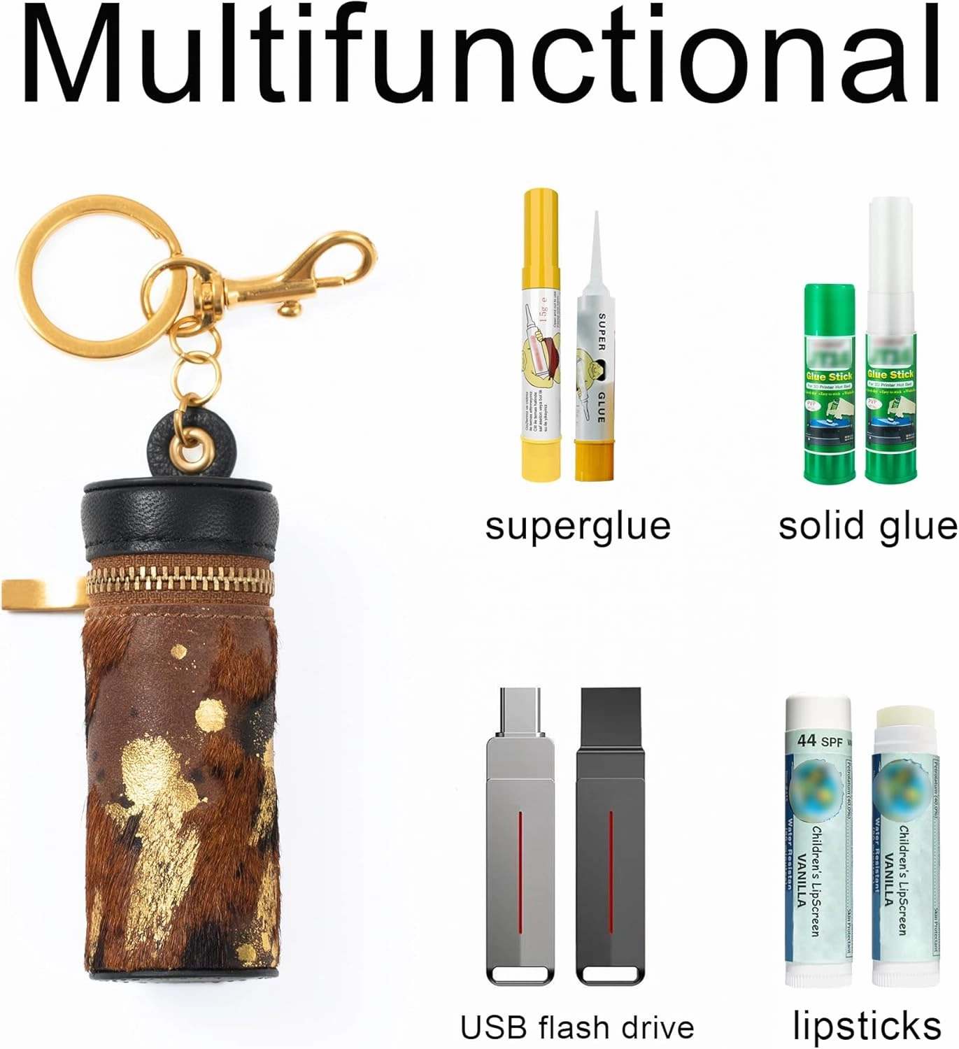 Cockatoo Nappa Leaeher Zipper Lipstick Case with Keyring Chapstick Holder Keychain