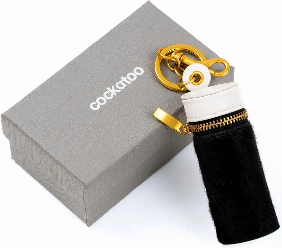 Cockatoo Nappa Leaeher Zipper Lipstick Case with Keyring Chapstick Holder Keychain