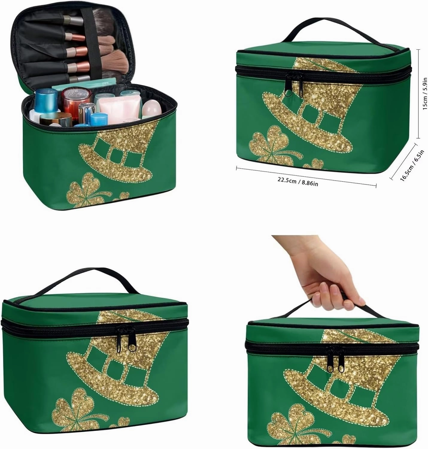 COEQINE 3 Pieces Makeup Bag Set Leather St. Patrick' Day Gold Hat Lipstick Holder For Purse Large Capacity Travel Sets For Women Toiletries Work Travel Office