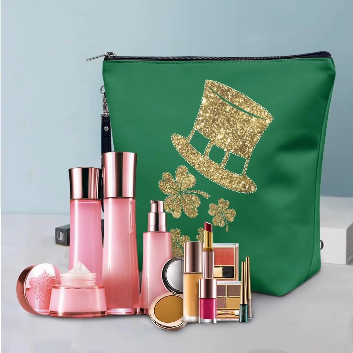 COEQINE 3 Pieces Makeup Bag Set Leather St. Patrick' Day Gold Hat Lipstick Holder For Purse Large Capacity Travel Sets For Women Toiletries Work Travel Office