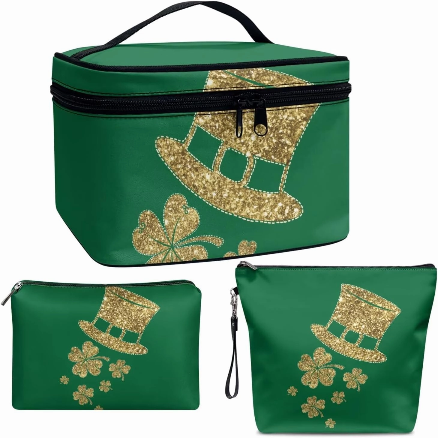 COEQINE 3 Pieces Makeup Bag Set Leather St. Patrick' Day Gold Hat Lipstick Holder For Purse Large Capacity Travel Sets For Women Toiletries Work Travel Office