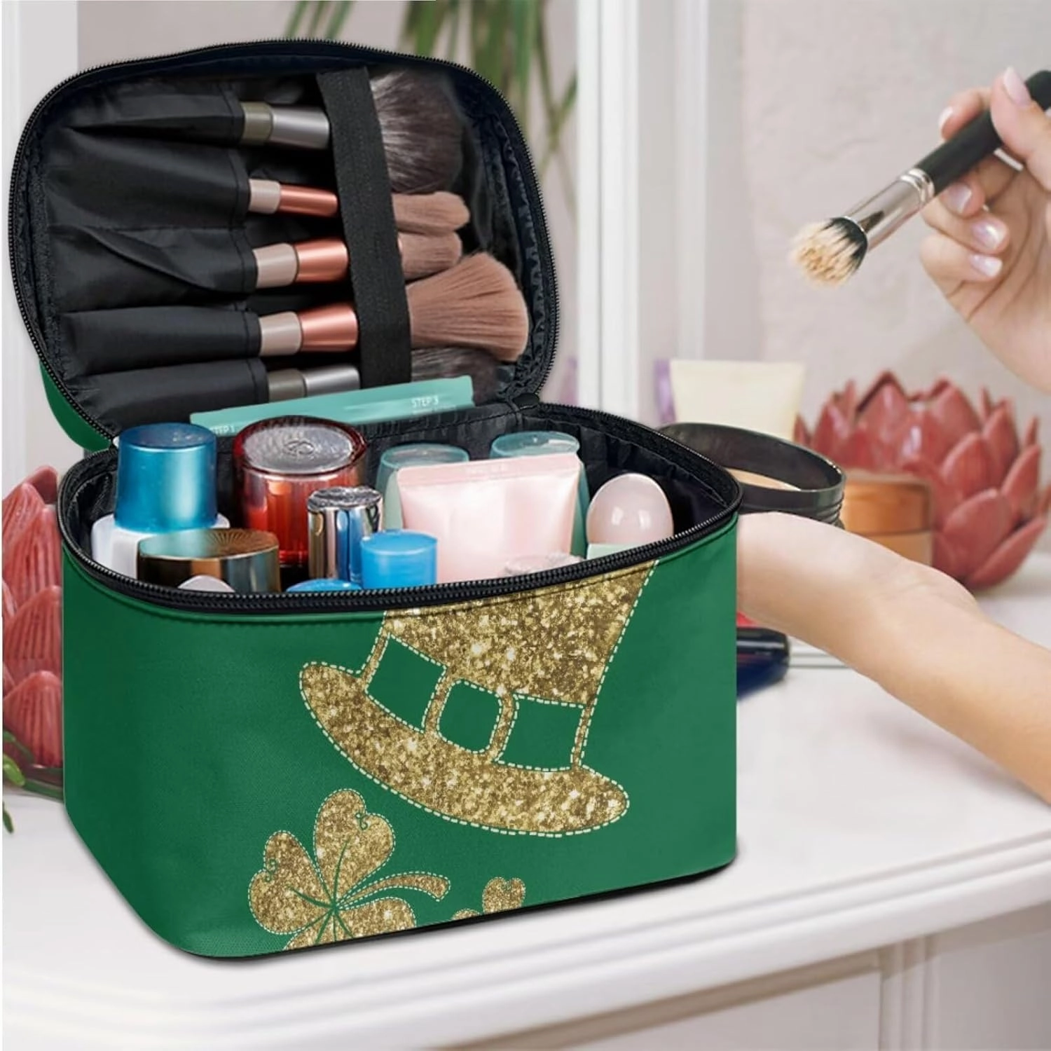 COEQINE 3 Pieces Makeup Bag Set Leather St. Patrick' Day Gold Hat Lipstick Holder For Purse Large Capacity Travel Sets For Women Toiletries Work Travel Office