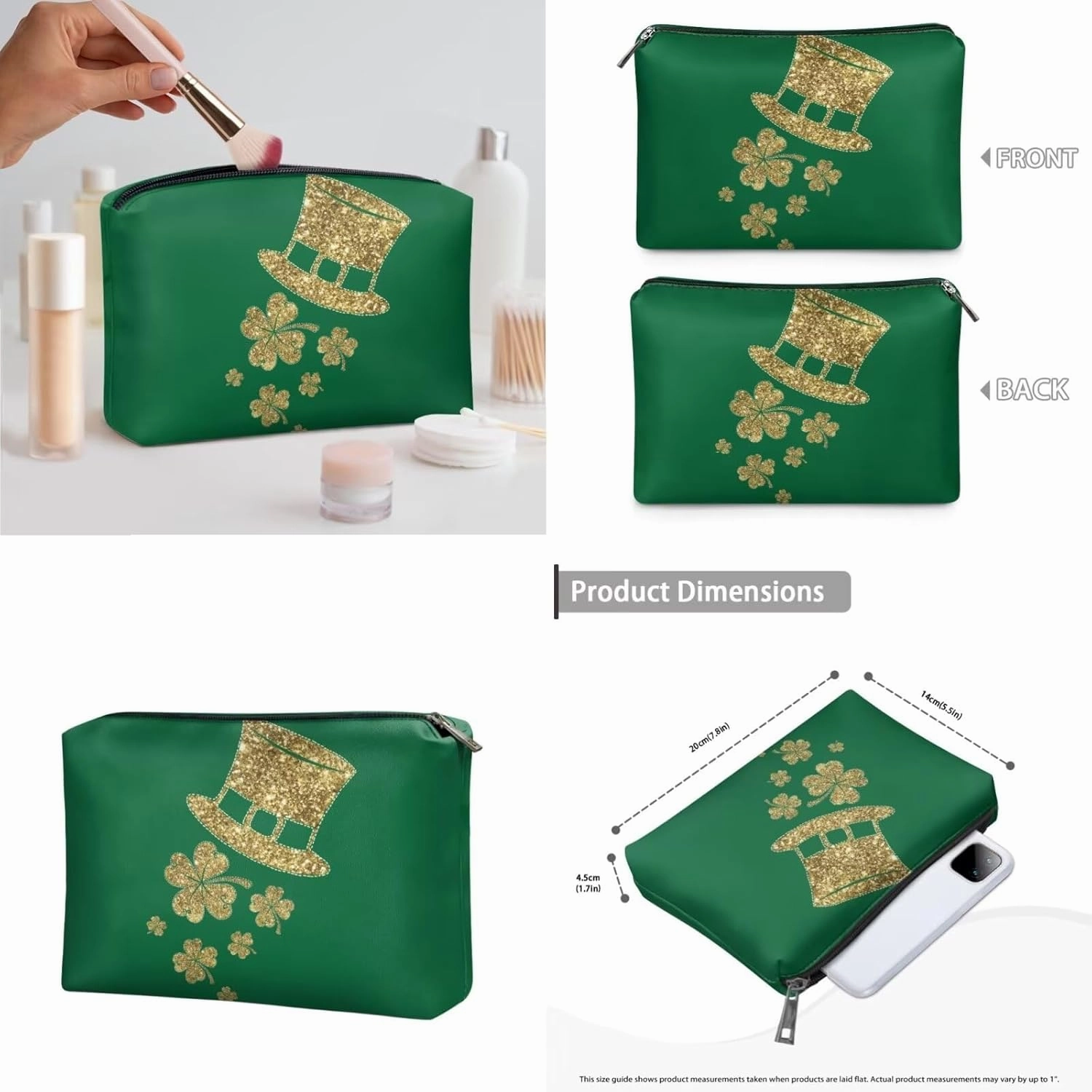 COEQINE 3 Pieces Makeup Bag Set Leather St. Patrick' Day Gold Hat Lipstick Holder For Purse Large Capacity Travel Sets For Women Toiletries Work Travel Office