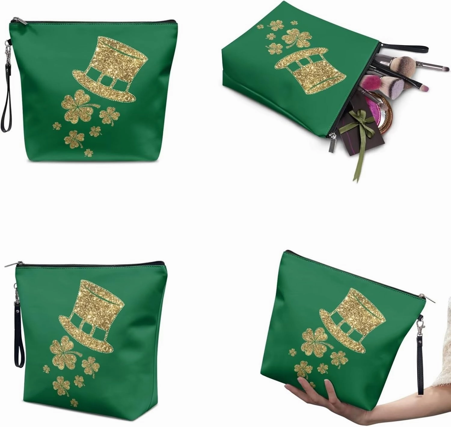 COEQINE 3 Pieces Makeup Bag Set Leather St. Patrick' Day Gold Hat Lipstick Holder For Purse Large Capacity Travel Sets For Women Toiletries Work Travel Office