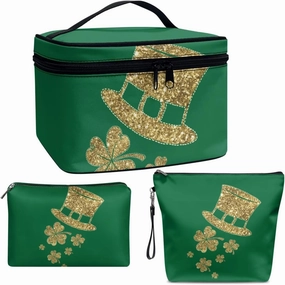 COEQINE 3 Pieces Makeup Bag Set Leather St. Patrick' Day Gold Hat Lipstick Holder For Purse Large Capacity Travel Sets For Women Toiletries Work Travel Office