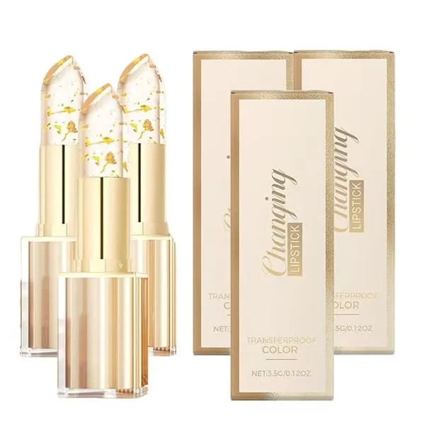 Color Changing Lipstick, Transparente Transferproof Gold Color Changing Lip Stick for Women, Long Lasting 24 Hours Moisturizing Glossy Shine Lip Gloss, Deep Nourishment (Gold, 3.6g) (3PCS)