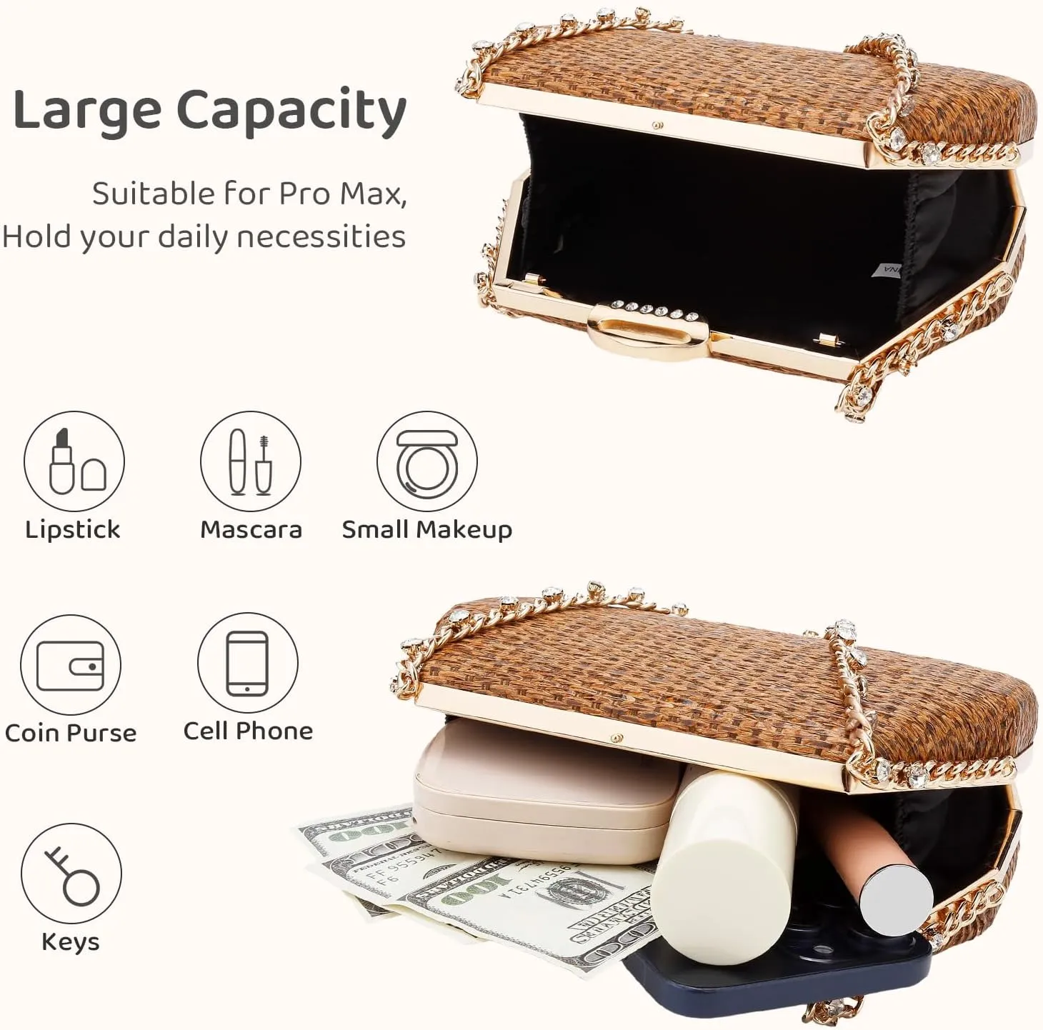 Comeon Straw Clutch Bags for Women Evening Handbag with Rhinestone Handle Hand-Woven Summer Beach Bag Party Formal Purse