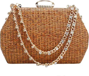 Comeon Straw Clutch Bags for Women Evening Handbag with Rhinestone Handle Hand-Woven Summer Beach Bag Party Formal Purse