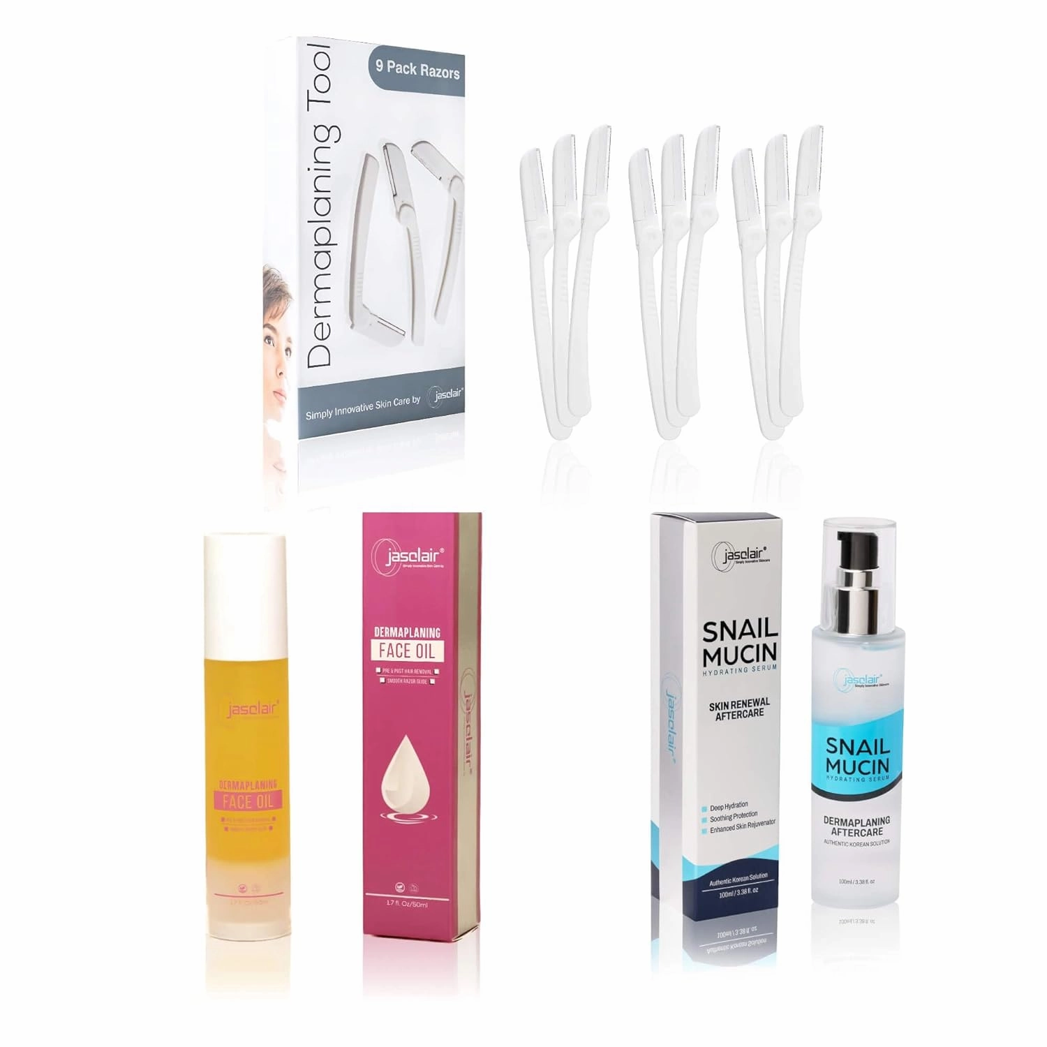 Complete Dermaplaning Skincare Kit – 9-Pack Precision Razors, Pre-Treatment Face Oil & Hydrating Snail Mucin Serum