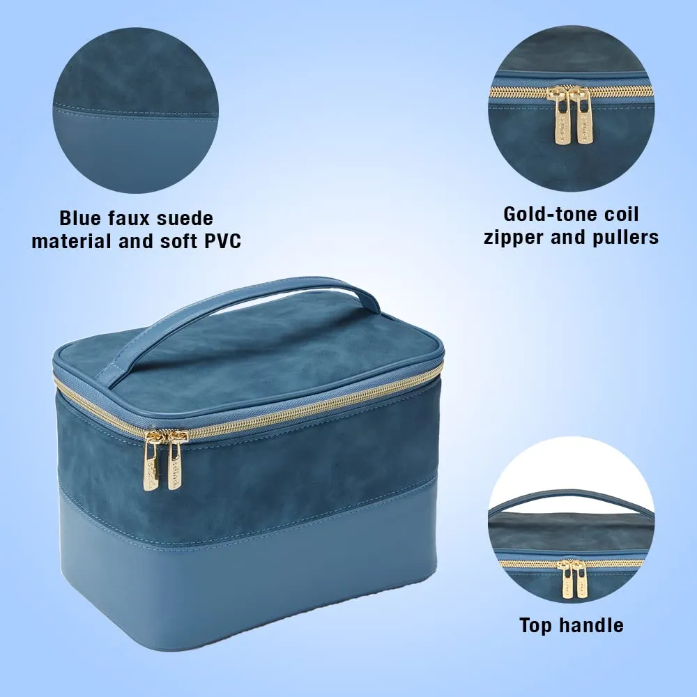 Conair Travel Makeup Bag, Large Toiletry and Cosmetic Bag, Perfect Size for Use At Home or Travel, Train Case Shape in Blue Suede-Like Material