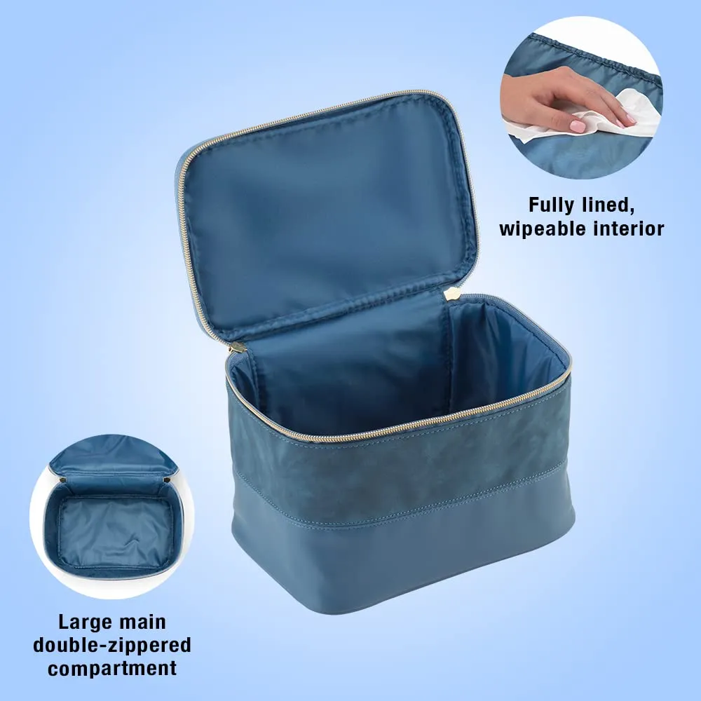 Conair Travel Makeup Bag, Large Toiletry and Cosmetic Bag, Perfect Size for Use At Home or Travel, Train Case Shape in Blue Suede-Like Material