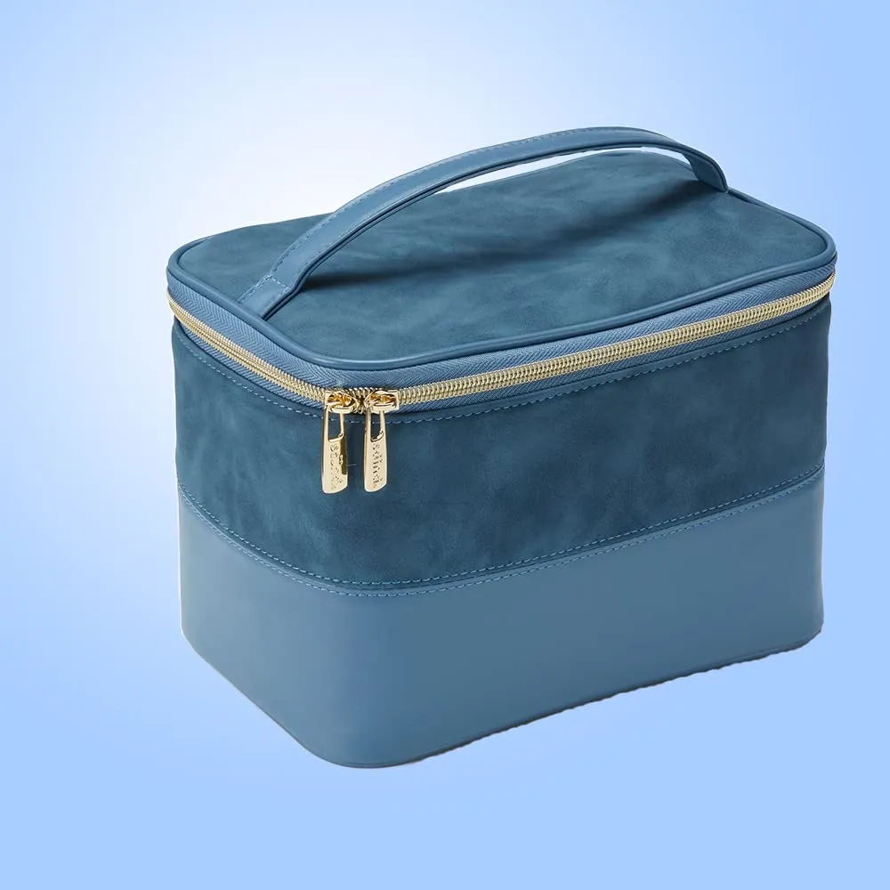 Conair Travel Makeup Bag, Large Toiletry and Cosmetic Bag, Perfect Size for Use At Home or Travel, Train Case Shape in Blue Suede-Like Material