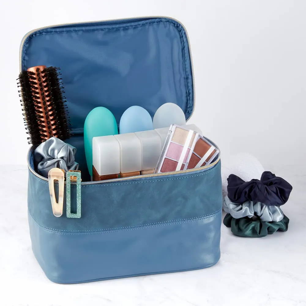 Conair Travel Makeup Bag, Large Toiletry and Cosmetic Bag, Perfect Size for Use At Home or Travel, Train Case Shape in Blue Suede-Like Material
