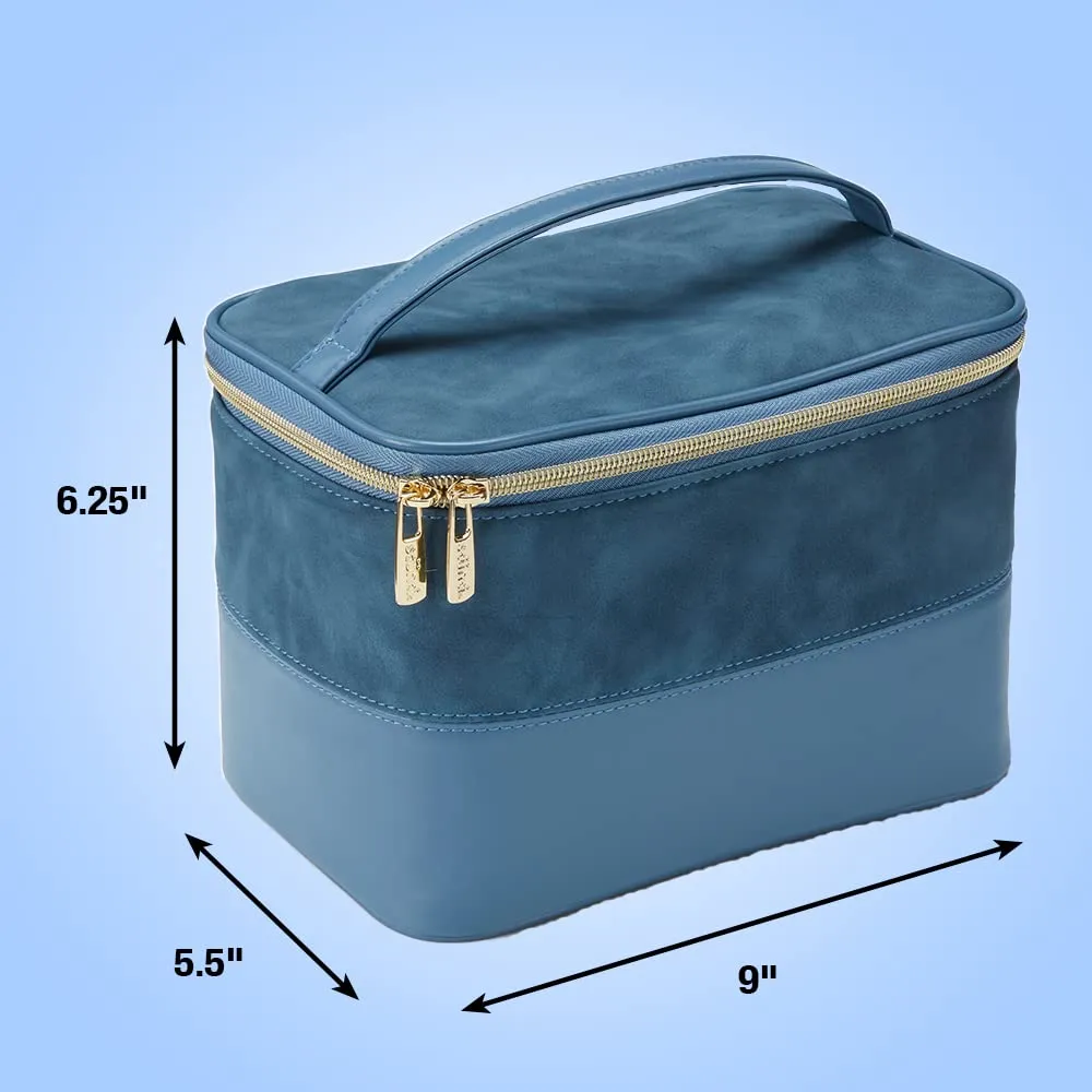 Conair Travel Makeup Bag, Large Toiletry and Cosmetic Bag, Perfect Size for Use At Home or Travel, Train Case Shape in Blue Suede-Like Material