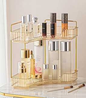 Corner Bathroom Counter Organizer Bathroom Countertop Shelf Makeup Organizer for Vanity Perfume Tray for Corner Storage (2 Tiers, Gold)