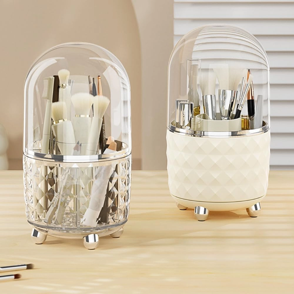 Cosmetic Storage Box Large Rotating Desktop Dressing Table Lipstick Eye Shadow Makeup Brush Tube Organizer (Dark green gold,Without lid)