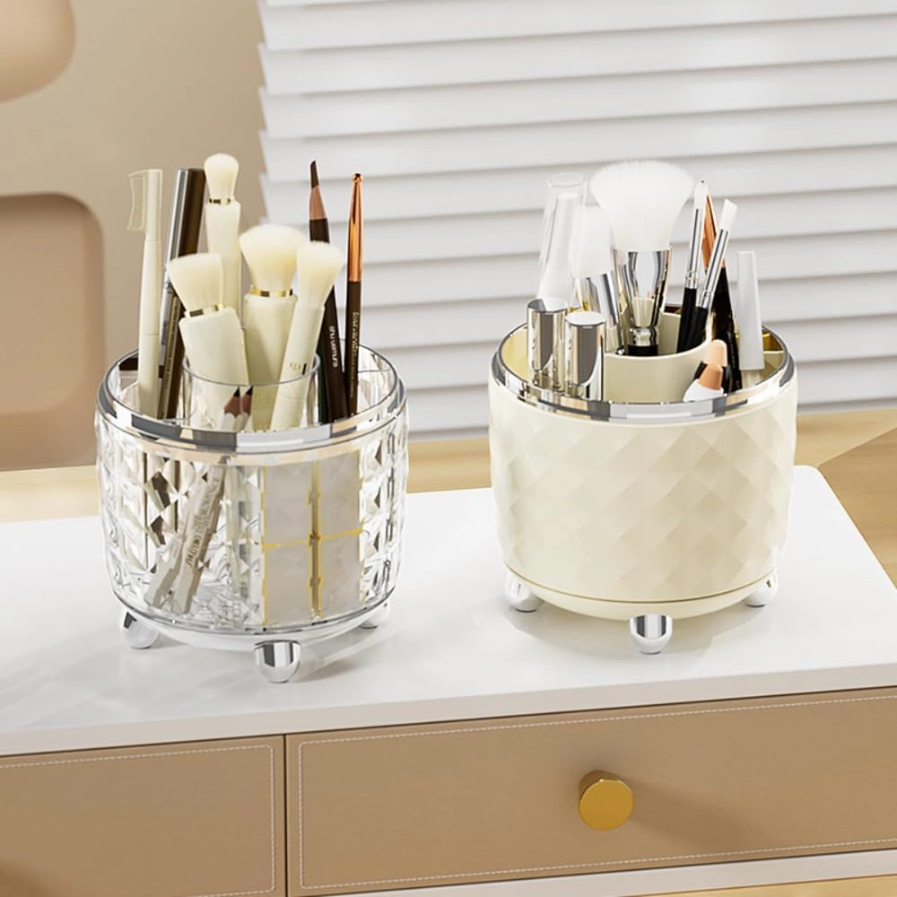 Cosmetic Storage Box Large Rotating Desktop Dressing Table Lipstick Eye Shadow Makeup Brush Tube Organizer (Dark green gold,Without lid)