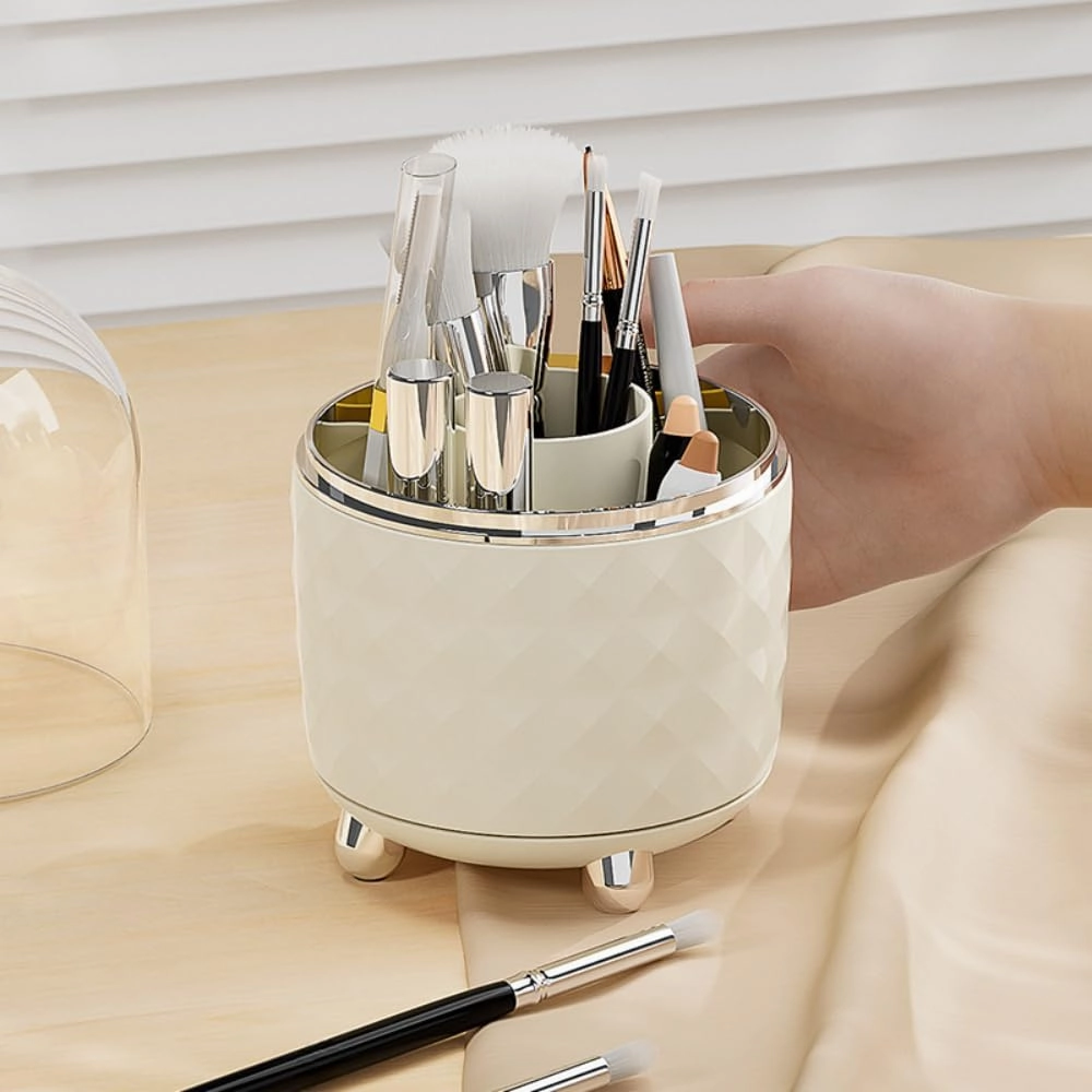 Cosmetic Storage Box Large Rotating Desktop Dressing Table Lipstick Eye Shadow Makeup Brush Tube Organizer (Dark green gold,Without lid)