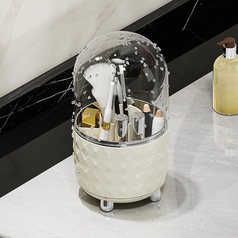 Cosmetic Storage Box Large Rotating Desktop Dressing Table Lipstick Eye Shadow Makeup Brush Tube Organizer (Transparent silver,With lid)