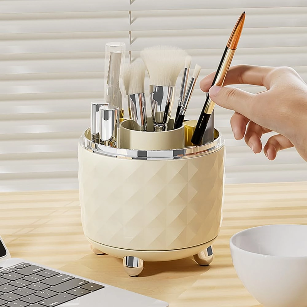 Cosmetic Storage Box Large Rotating Desktop Dressing Table Lipstick Eye Shadow Makeup Brush Tube Organizer (Transparent silver,With lid)