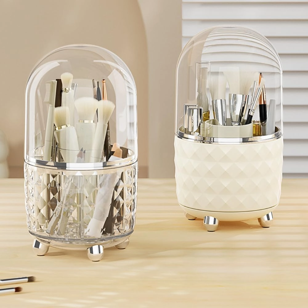 Cosmetic Storage Box Large Rotating Desktop Dressing Table Lipstick Eye Shadow Makeup Brush Tube Organizer (Transparent silver,With lid)