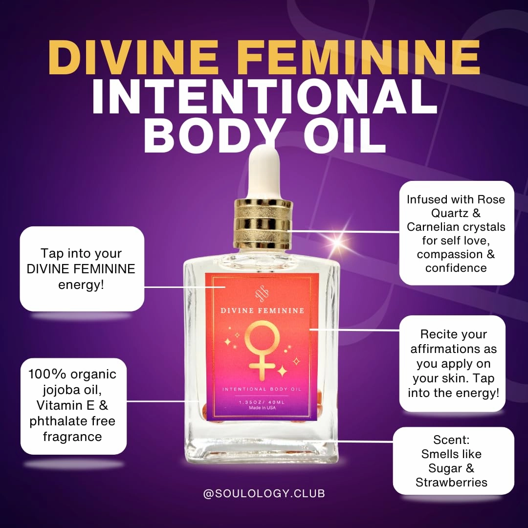Crystal Infused Divine Feminine Intentional Luxury Body Oil 40ml, Handmade with 100% Clear Jojoba Oil   Vitamin E & Phthalate-Free Fragrances, A Magic Feminine organic Body oil.