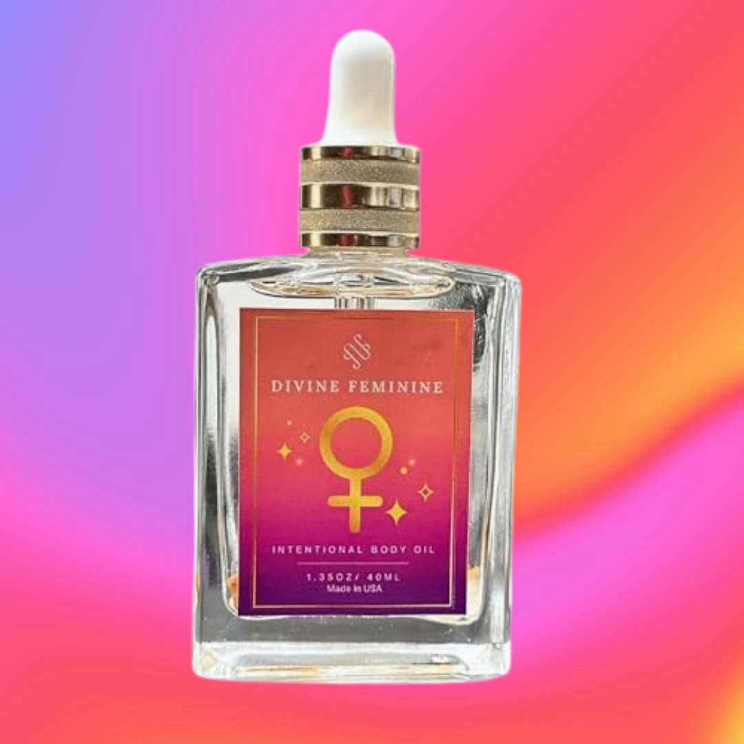 Crystal Infused Divine Feminine Intentional Luxury Body Oil 40ml, Handmade with 100% Clear Jojoba Oil   Vitamin E & Phthalate-Free Fragrances, A Magic Feminine organic Body oil.