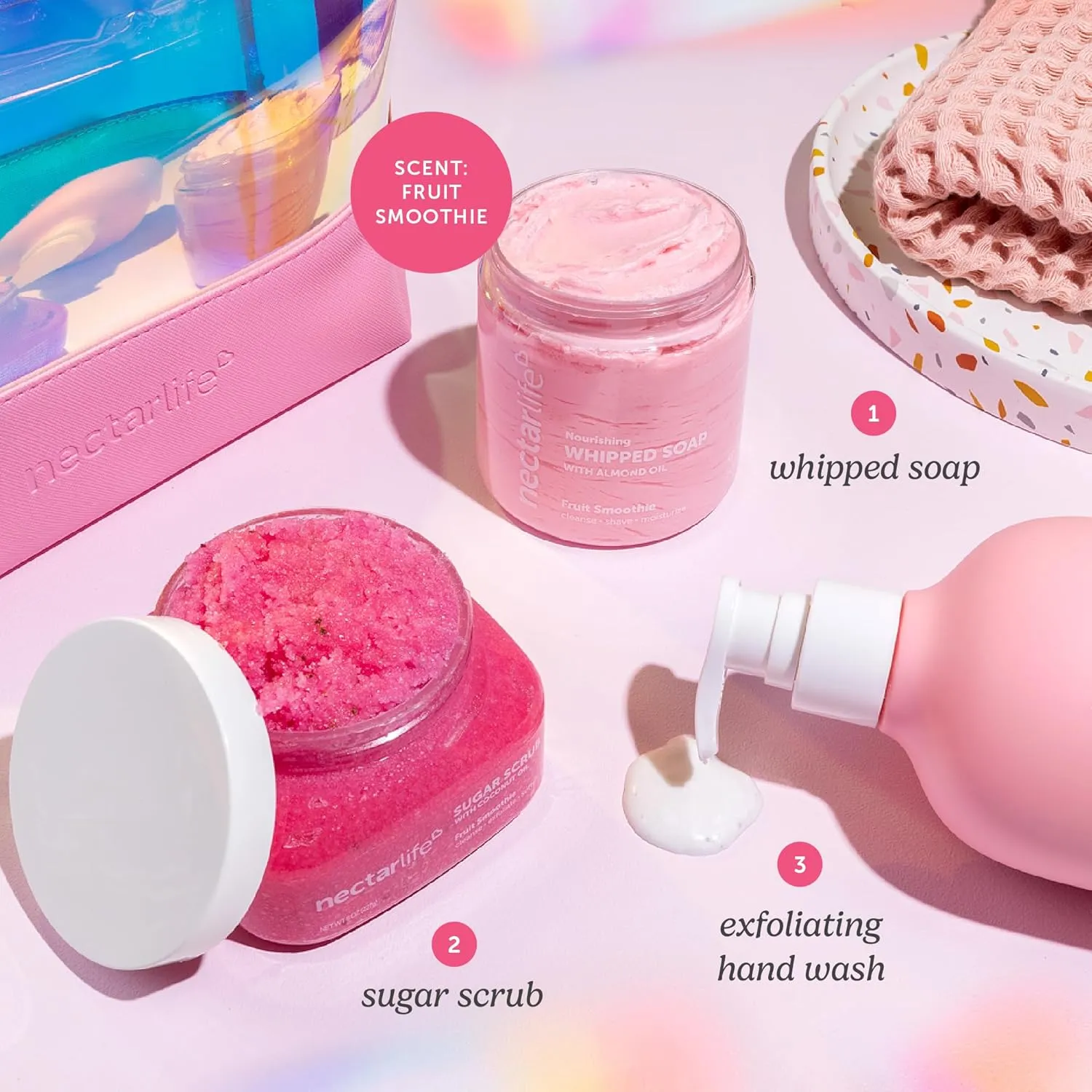 Daily Glow Kit Body Skin Care Set, Whipped Soap, Sugar Body Scrub, Hand Wash (Fruit Smoothie Scent)