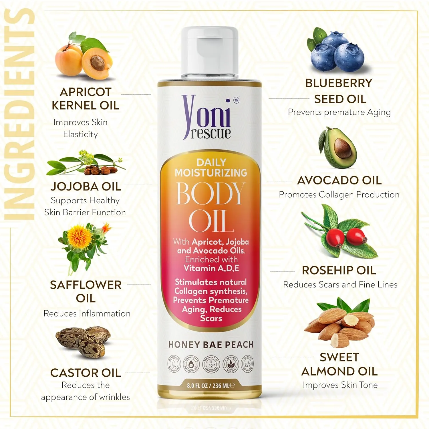 Daily Skin Moisturizing Body Oil with Apricot, Jojoba, Avocado & Vitamin E Oil | Hydrating & Nourishing for all Skin types | After Shower oil 8oz Honey Bae Peach Scented