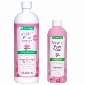 De La Cruz Rose Water and Glycerin for Face Bundle – Rosewater Facial Toner and Moisturizer for Skin and Hair - 8 fl oz   16 fl oz Refill Bottle