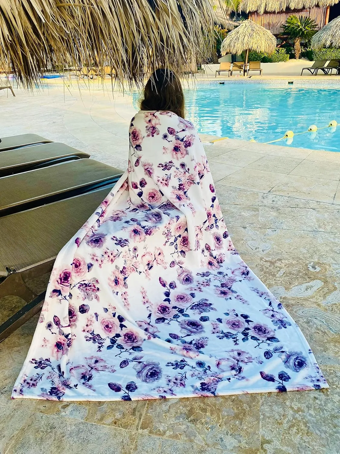 Decorative Floral Fleece Throw Blanket: Velvety Soft Plush Rose Flower Accent for Couch or Bed, Blush Pink Purple Navy Blue Grey on White, Oversized 50" x 70" Inches