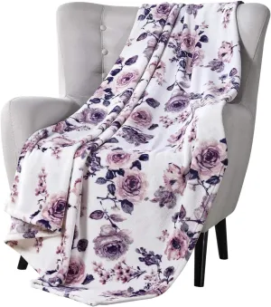 Decorative Floral Fleece Throw Blanket: Velvety Soft Plush Rose Flower Accent for Couch or Bed, Blush Pink Purple Navy Blue Grey on White, Oversized 50" x 70" Inches