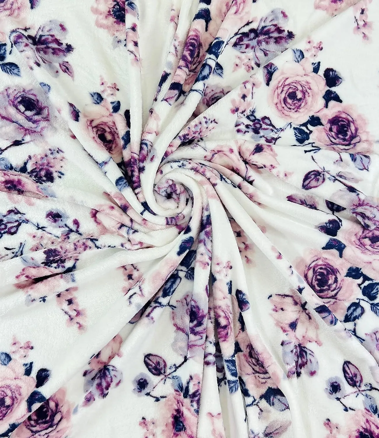 Decorative Floral Fleece Throw Blanket: Velvety Soft Plush Rose Flower Accent for Couch or Bed, Blush Pink Purple Navy Blue Grey on White, Oversized 50" x 70" Inches
