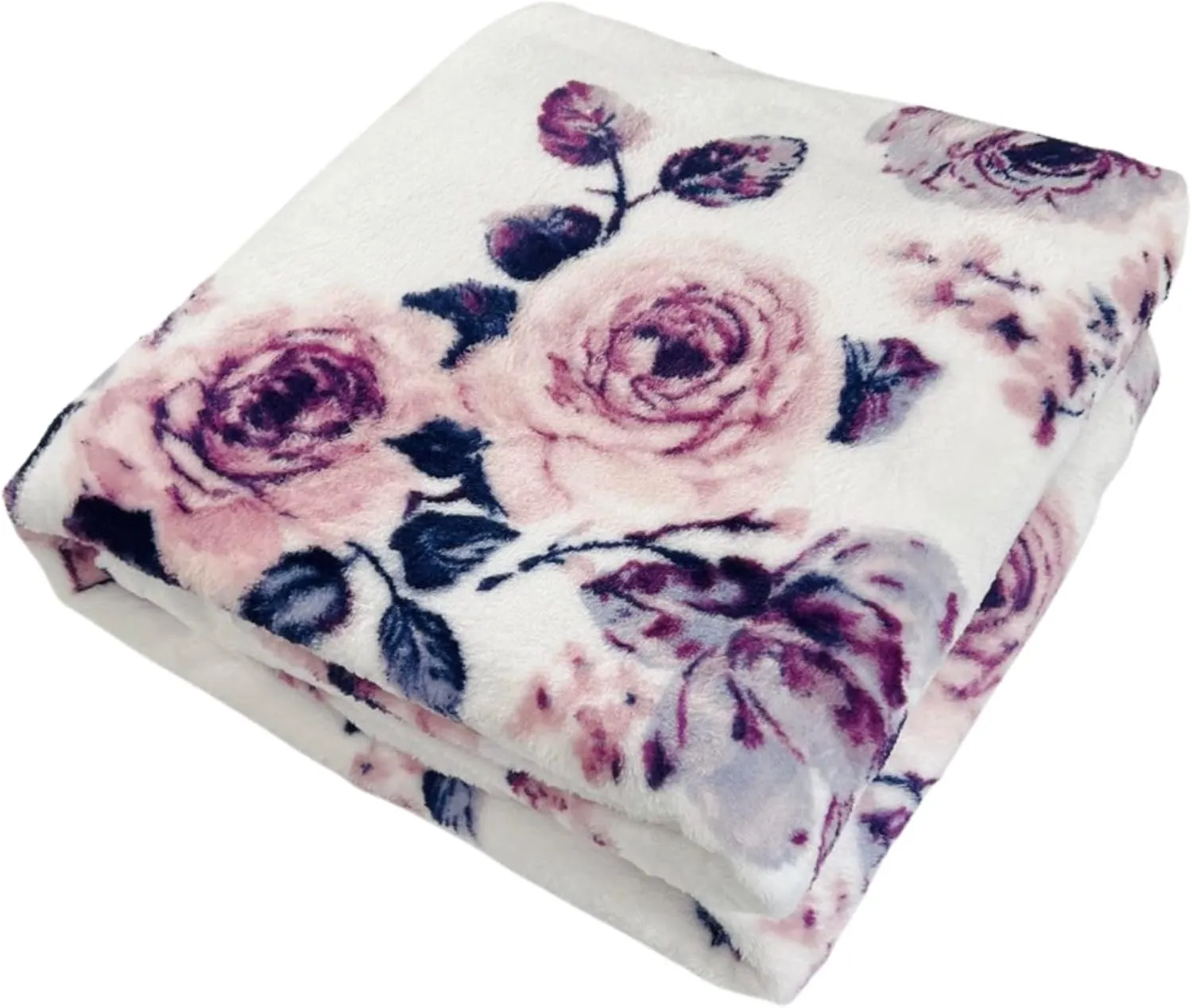 Decorative Floral Fleece Throw Blanket: Velvety Soft Plush Rose Flower Accent for Couch or Bed, Blush Pink Purple Navy Blue Grey on White, Oversized 50" x 70" Inches