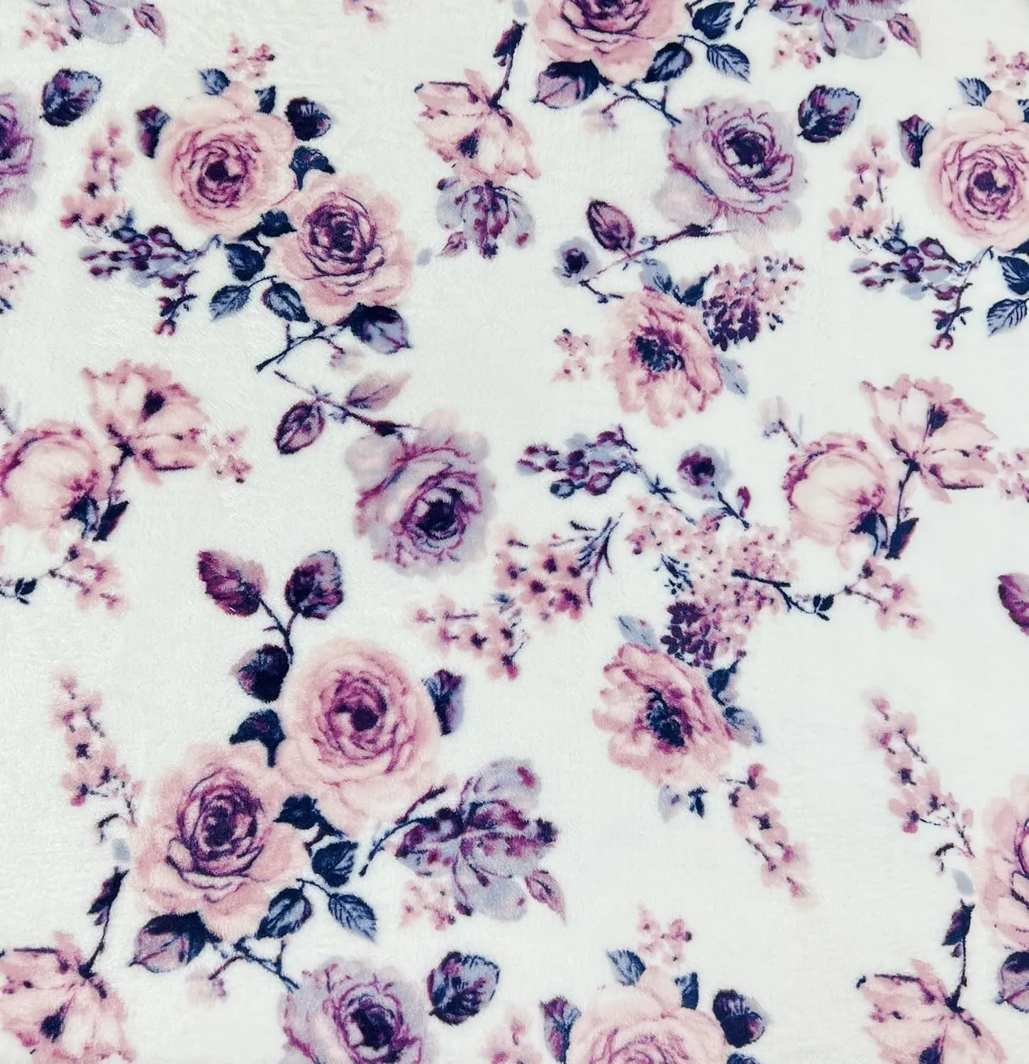 Decorative Floral Fleece Throw Blanket: Velvety Soft Plush Rose Flower Accent for Couch or Bed, Blush Pink Purple Navy Blue Grey on White, Oversized 50" x 70" Inches