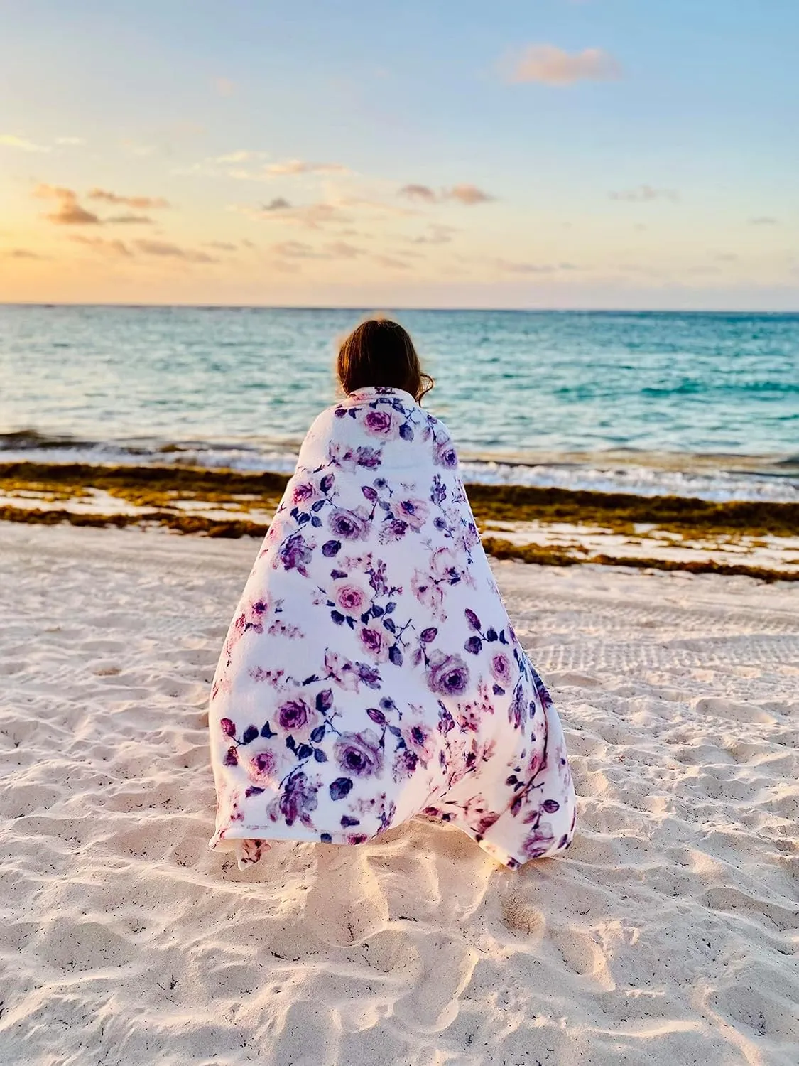 Decorative Floral Fleece Throw Blanket: Velvety Soft Plush Rose Flower Accent for Couch or Bed, Blush Pink Purple Navy Blue Grey on White, Oversized 50" x 70" Inches