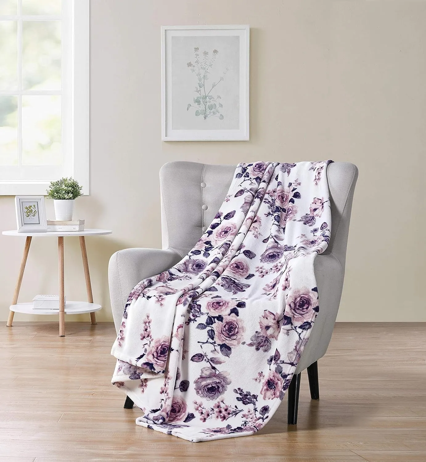 Decorative Floral Fleece Throw Blanket: Velvety Soft Plush Rose Flower Accent for Couch or Bed, Blush Pink Purple Navy Blue Grey on White, Oversized 50" x 70" Inches