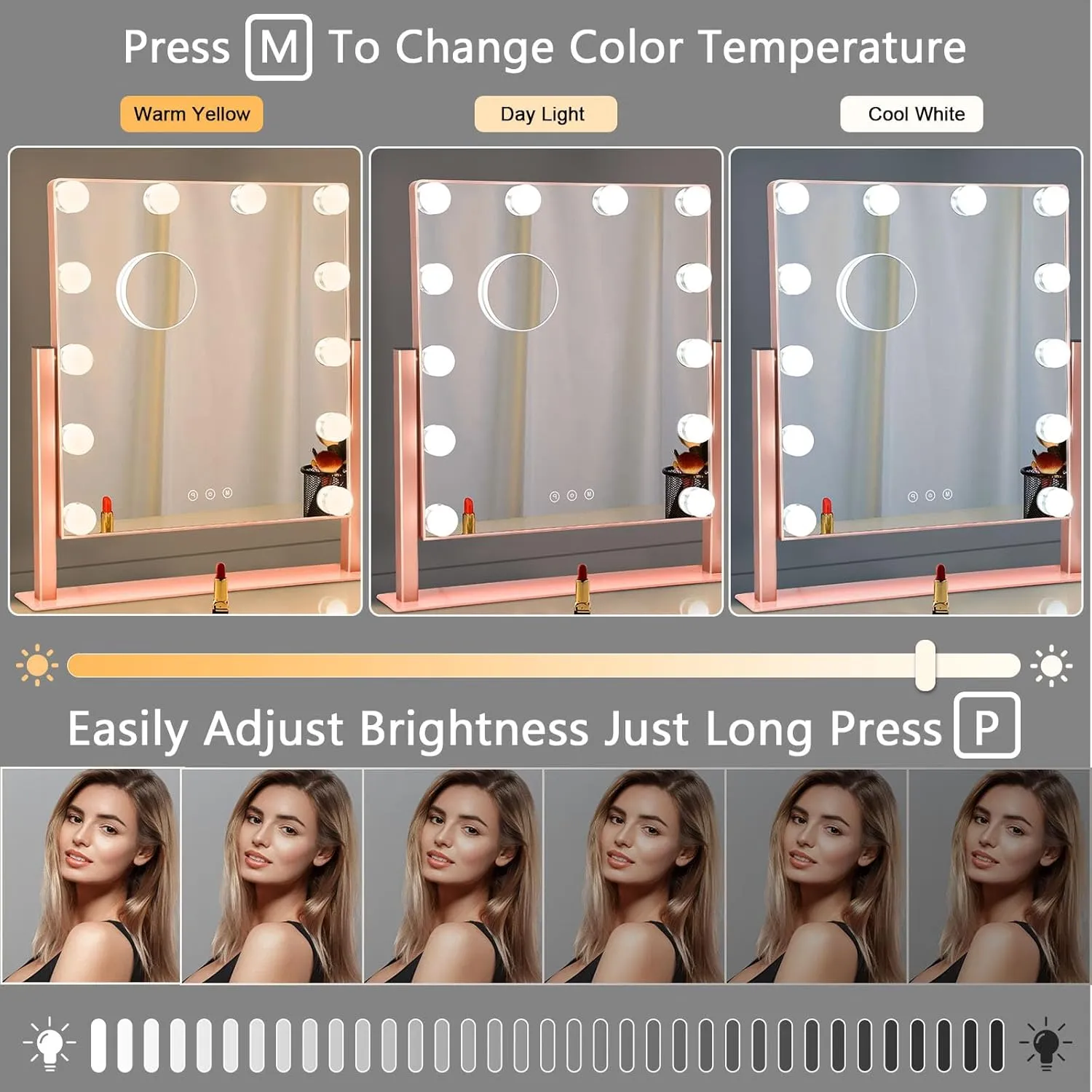Depuley Makeup Vanity Mirror Hollywood, Vanity Mirror with Lights with 9 Dimmable Led Bulbs, 3 Color Modes, Touch Control, Detachable 10x Magnification, 360° Rotation, Rose Gold, 12.0"×13.77"