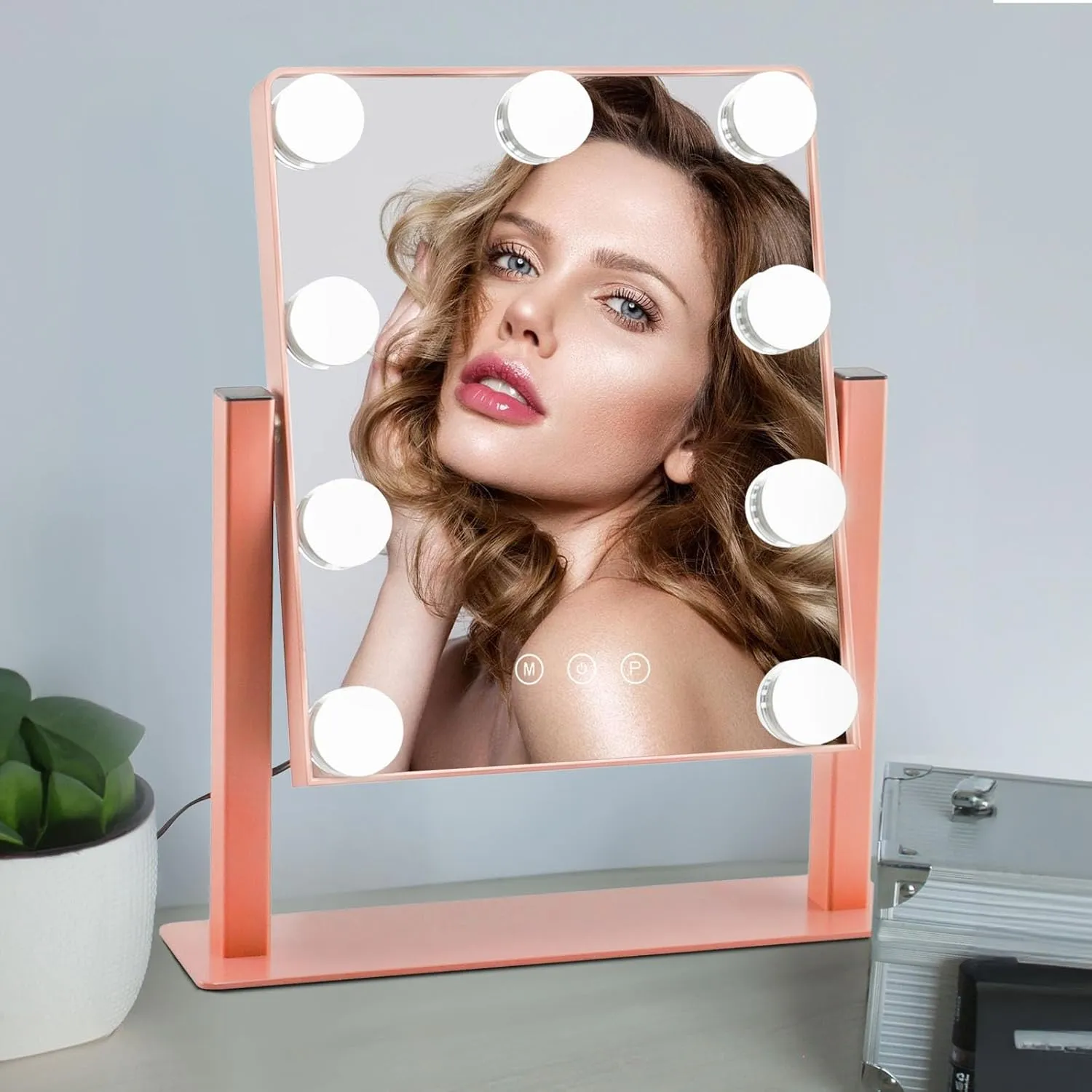 Depuley Makeup Vanity Mirror Hollywood, Vanity Mirror with Lights with 9 Dimmable Led Bulbs, 3 Color Modes, Touch Control, Detachable 10x Magnification, 360° Rotation, Rose Gold, 12.0"×13.77"