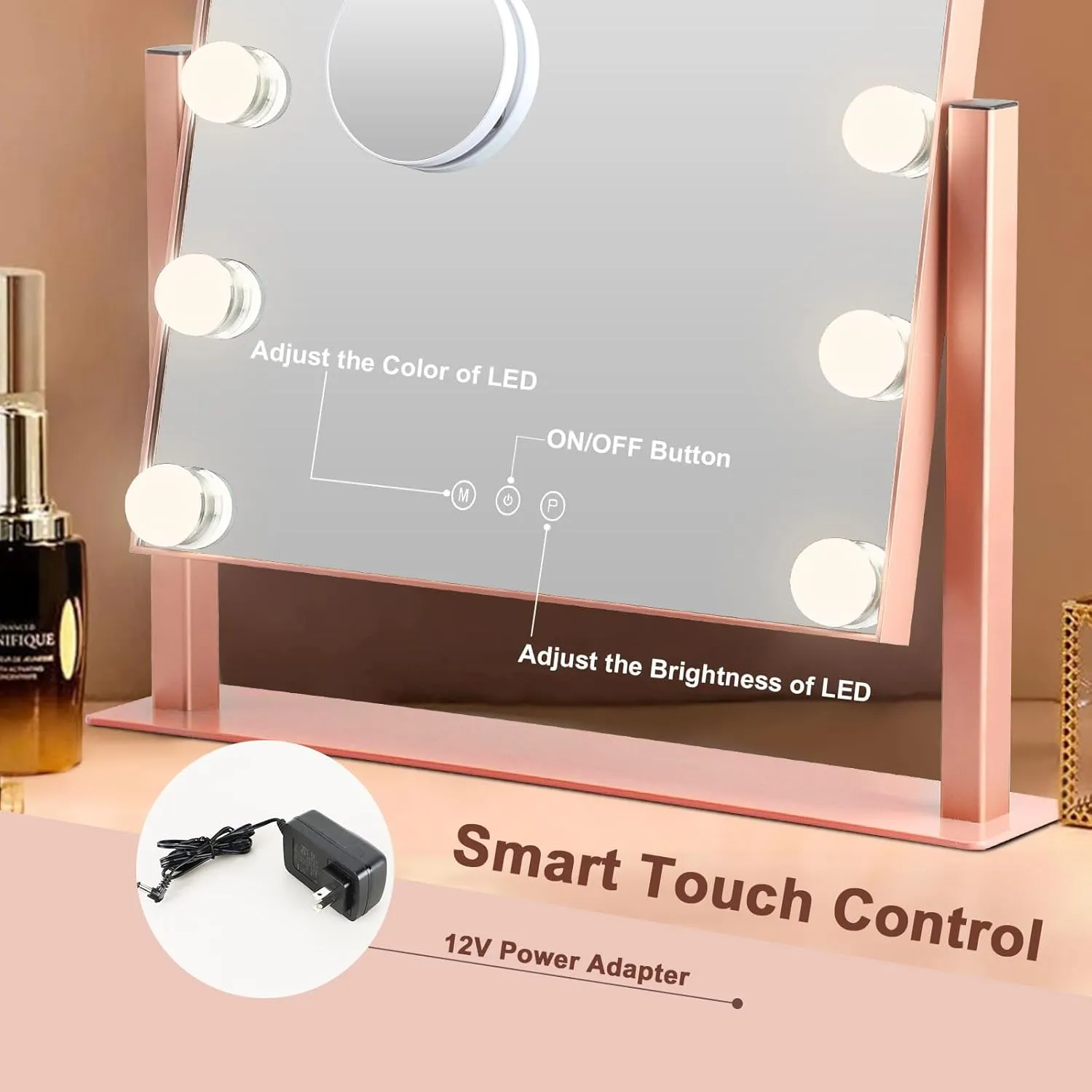 Depuley Makeup Vanity Mirror Hollywood, Vanity Mirror with Lights with 9 Dimmable Led Bulbs, 3 Color Modes, Touch Control, Detachable 10x Magnification, 360° Rotation, Rose Gold, 12.0"×13.77"