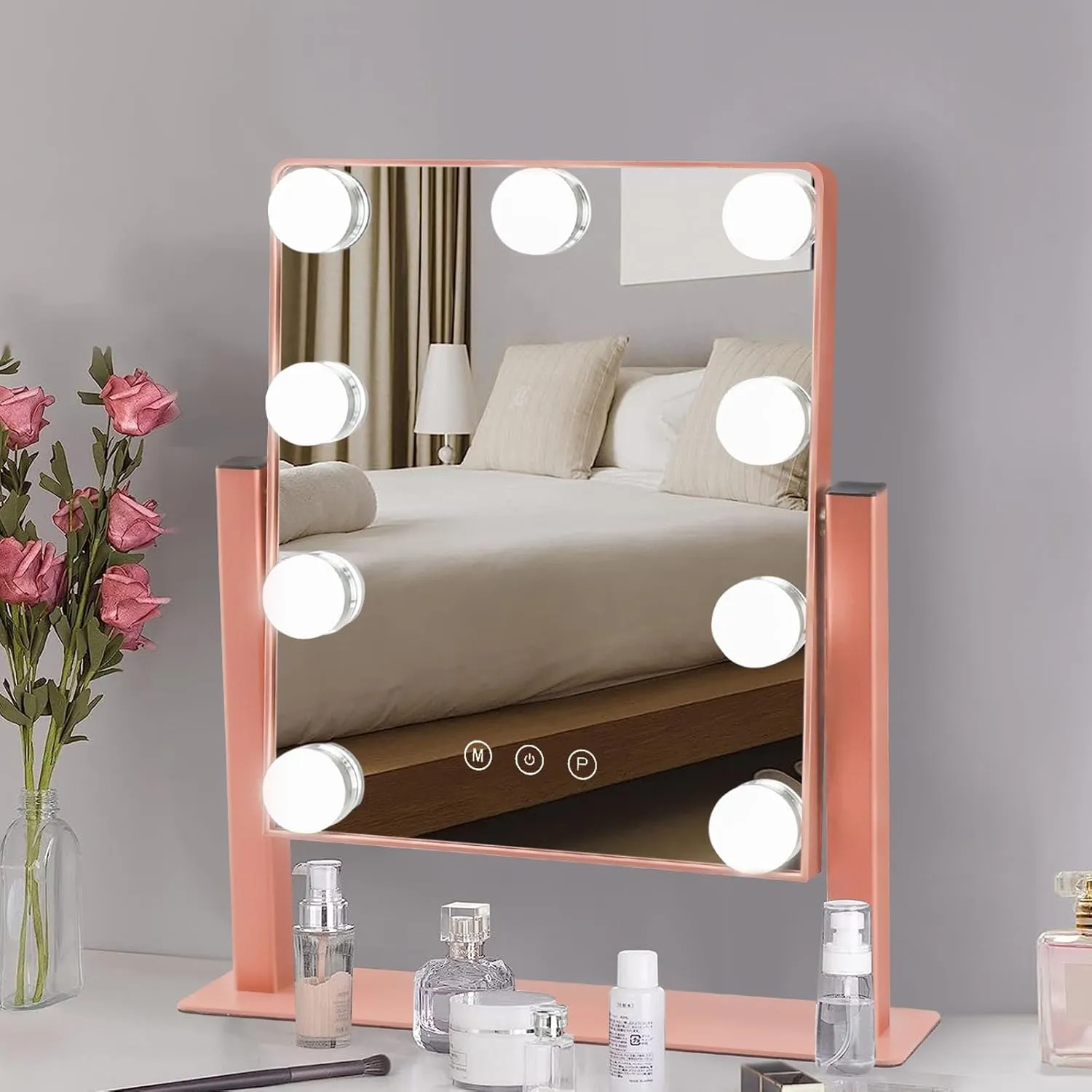 Depuley Makeup Vanity Mirror Hollywood, Vanity Mirror with Lights with 9 Dimmable Led Bulbs, 3 Color Modes, Touch Control, Detachable 10x Magnification, 360° Rotation, Rose Gold, 12.0"×13.77"