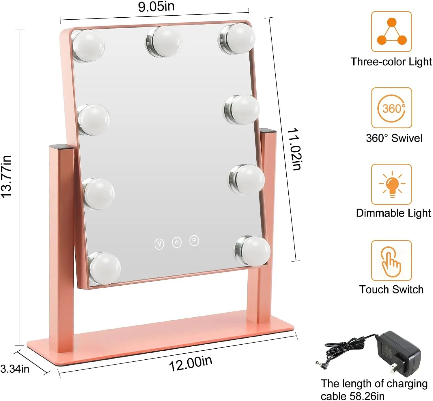 Depuley Makeup Vanity Mirror Hollywood, Vanity Mirror with Lights with 9 Dimmable Led Bulbs, 3 Color Modes, Touch Control, Detachable 10x Magnification, 360° Rotation, Rose Gold, 12.0"×13.77"
